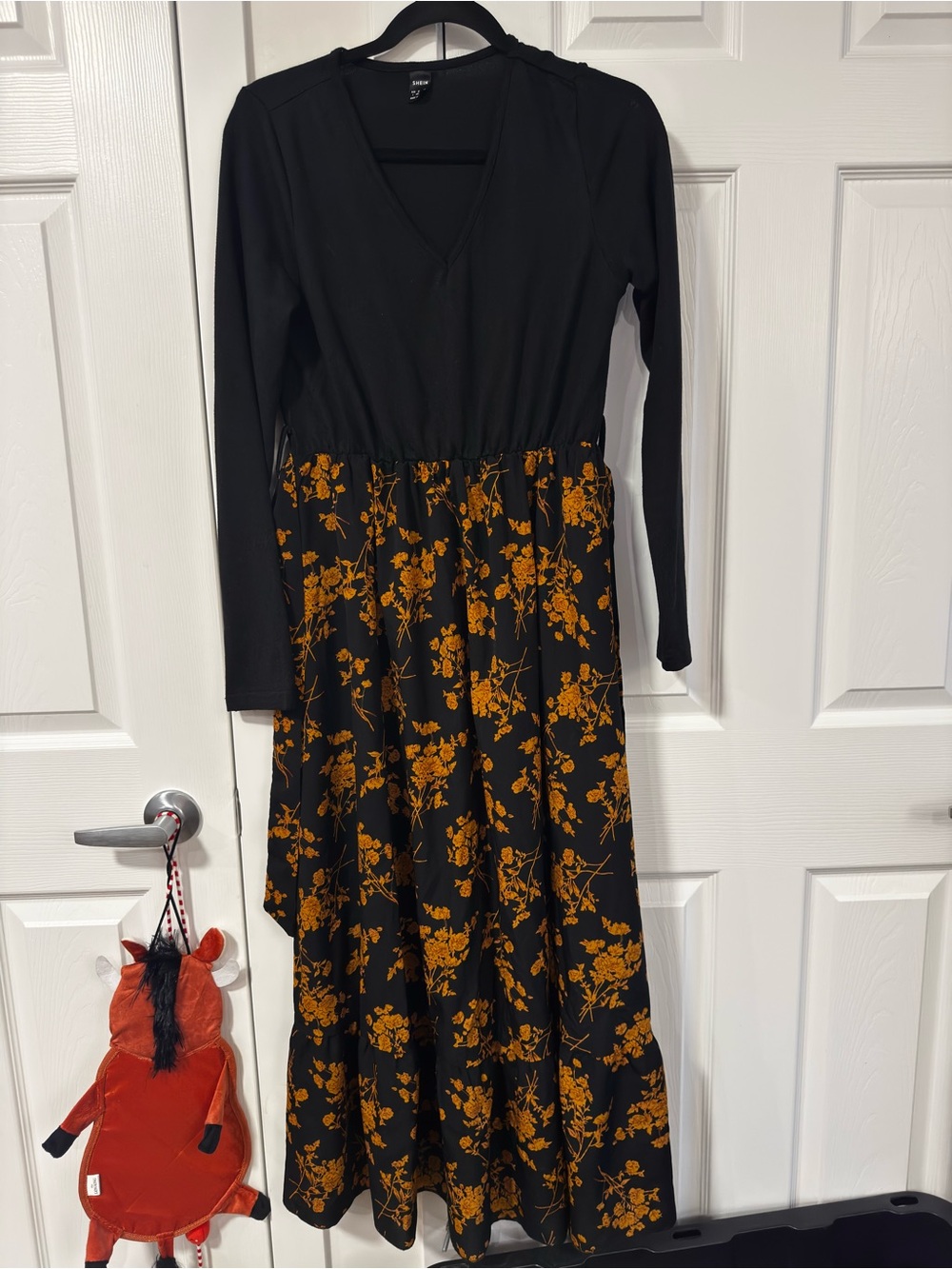 SHEIN Long Sleeve Black Dress with Mustard Floral Skirt